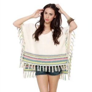 Roxy Knit Serene Morning Fringed High Low Colourful Coastal Poncho Medium/Large